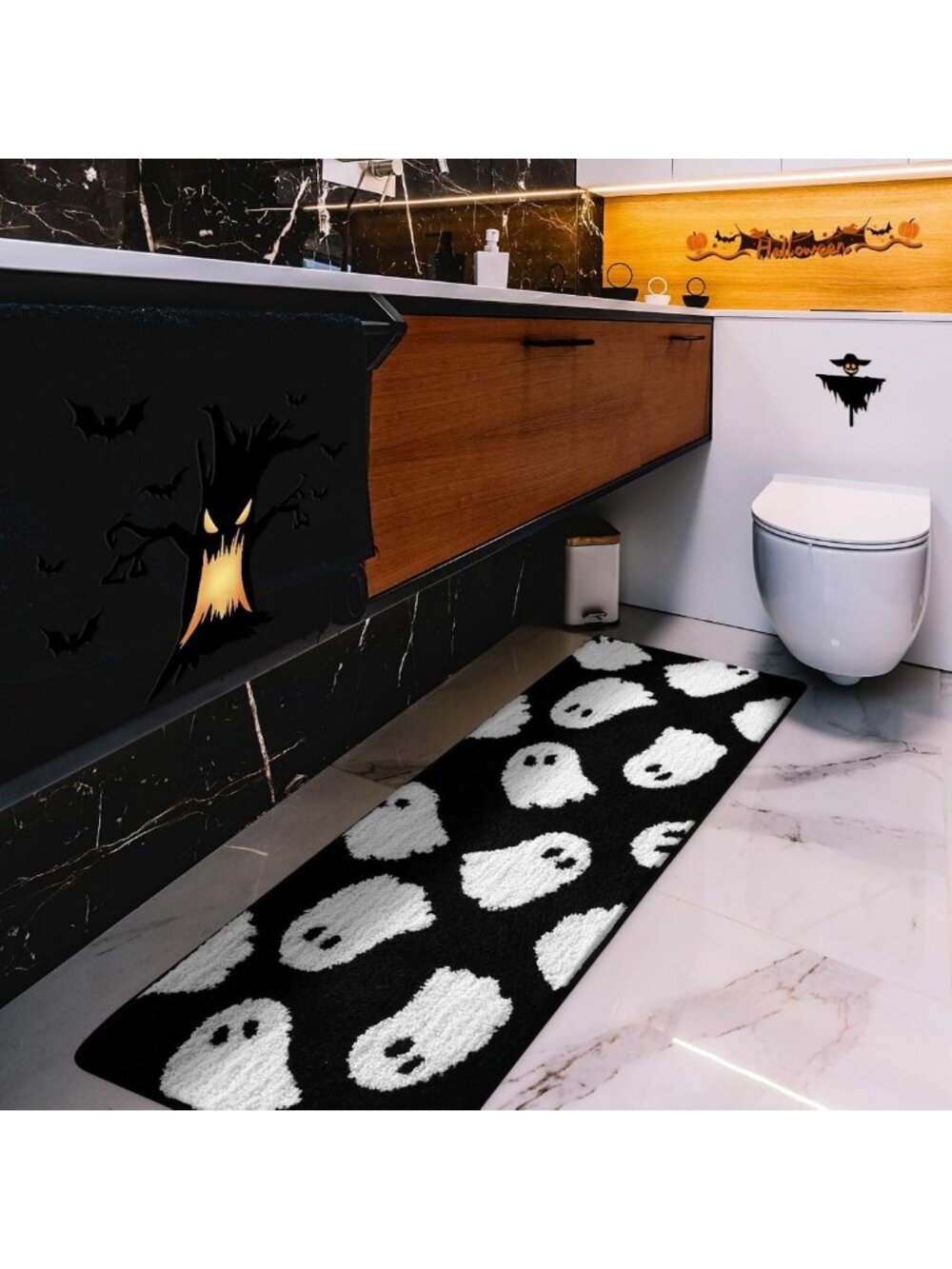 Spooky Black Bathroom Runner Rug 18x45 Inch | Halloween Decor & Home Accent
